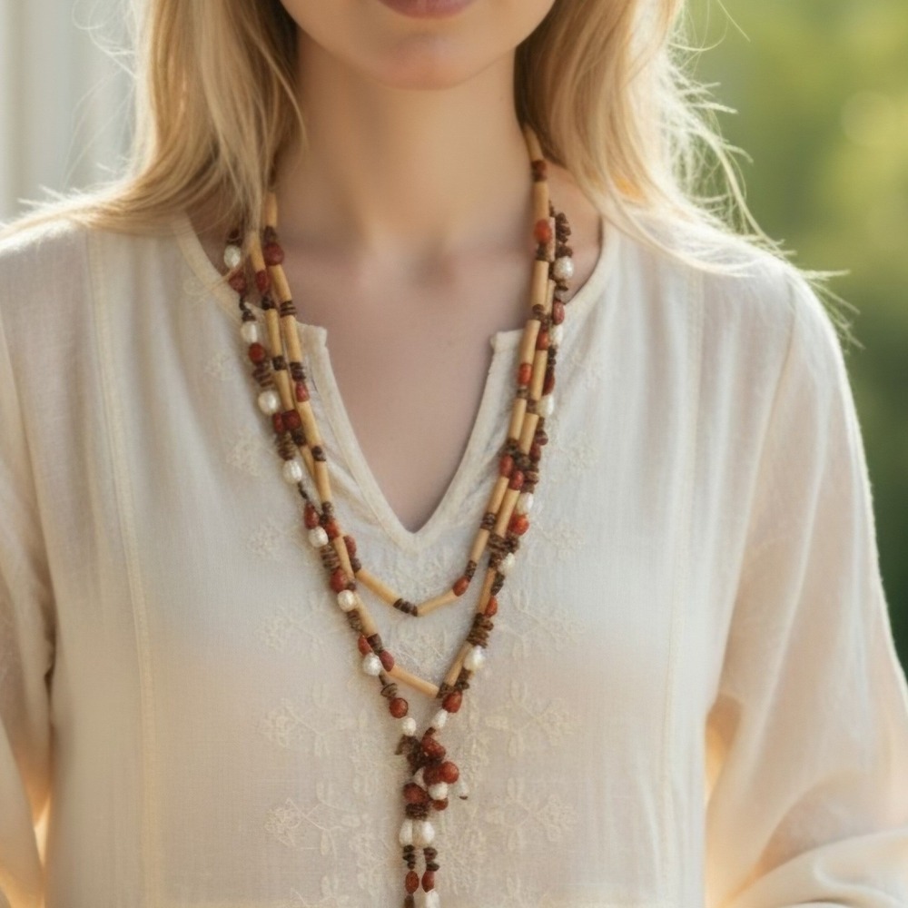 Vintage Boho Layering Necklace Set Natural Seed Beads & Wood 42"